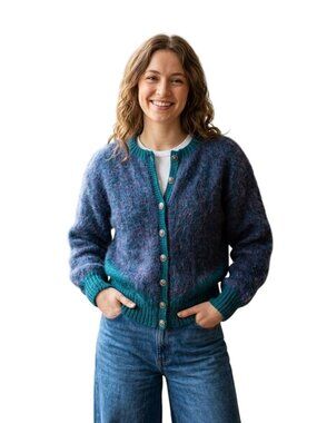 Vintage Handmade Blue Turquoise Ornate Button Mohair Cardigan Sweater Size M